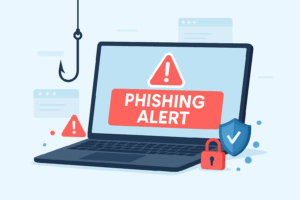 Laptop screen showing "Phishing Alert" with a hook above and cybersecurity icons – symbolic of phishing attacks.