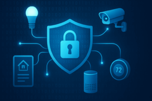 Illustration of a shield with a padlock at the center of a connected network of smart devices, including a camera, thermostat, speaker, and light bulb, symbolizing IoT security.