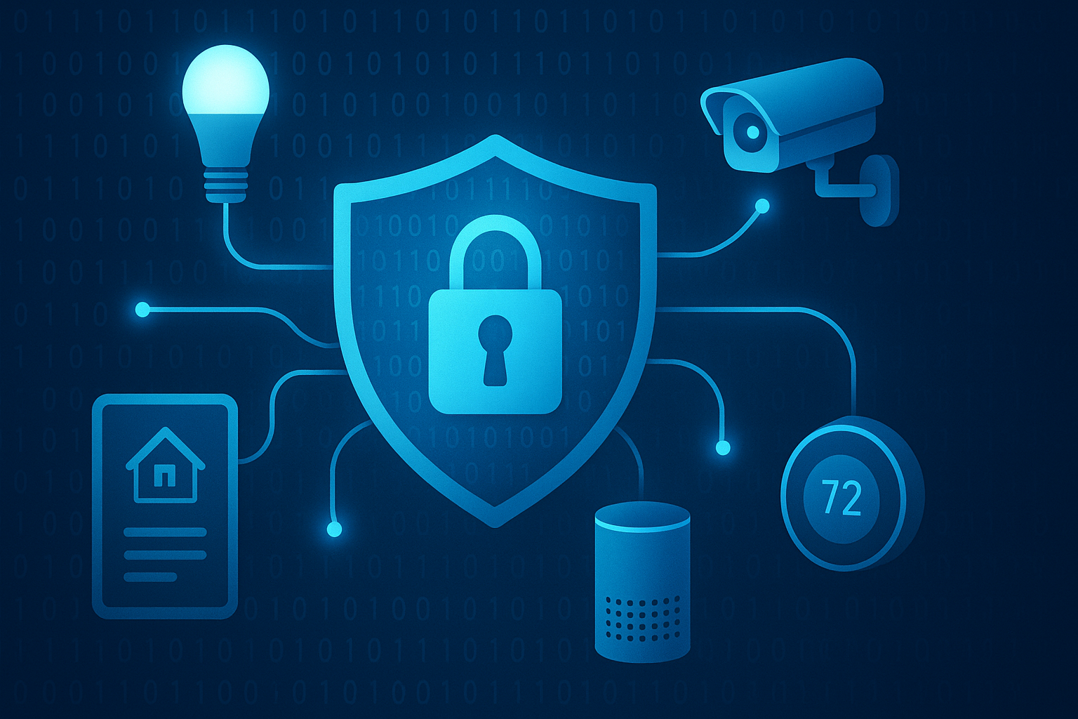 Illustration of a shield with a padlock at the center of a connected network of smart devices, including a camera, thermostat, speaker, and light bulb, symbolizing IoT security.