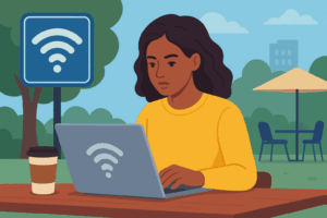 Woman using laptop on public Wi-Fi at an outdoor café