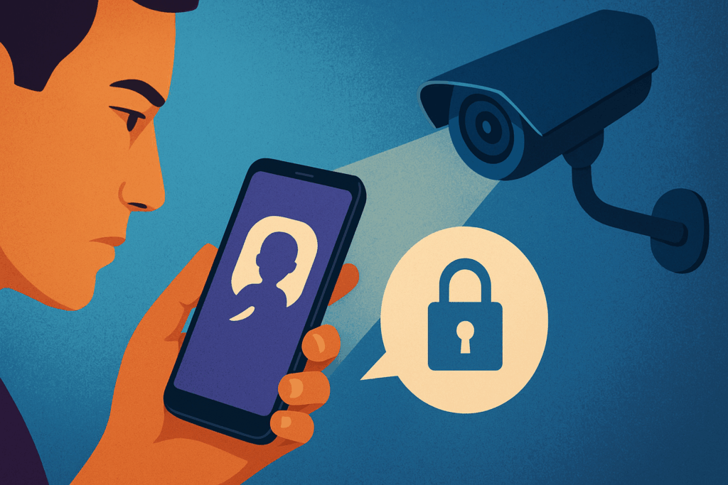 Illustration of smartphone surveillance inspired by Orwell’s 1984, symbolizing EU Chat Control and privacy concerns.