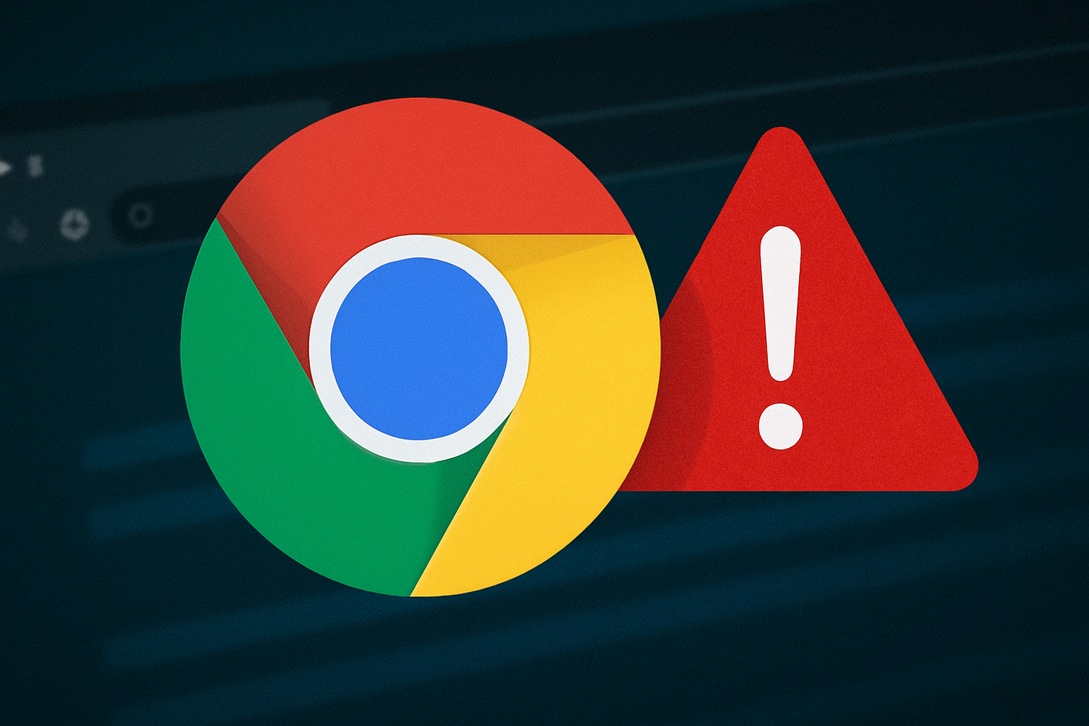 Google Chrome logo with a red warning sign symbolizing a zero-day vulnerability CVE-2025-10585.