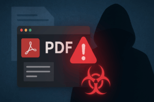 Illustration of a fake PDF editor delivering malware with warning icons and a hooded hacker figure in the background.
