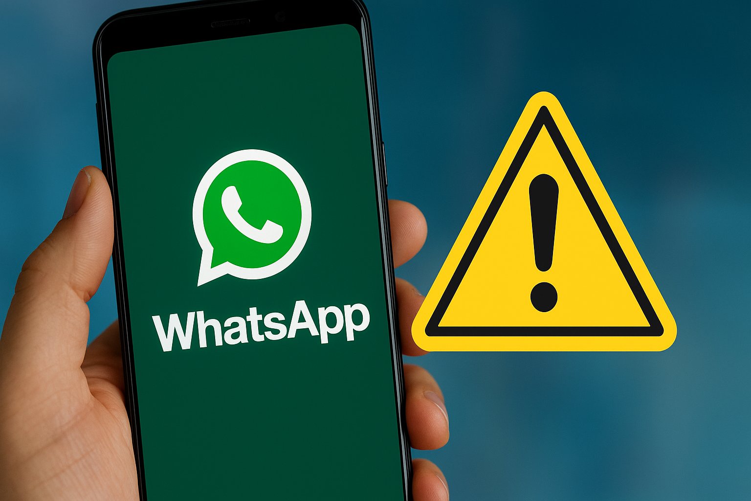Samsung smartphone with WhatsApp logo on screen next to a yellow warning sign, symbolizing a security vulnerability.