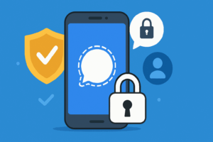 Smartphone with the Signal app icon surrounded by lock and shield symbols representing secure communication.