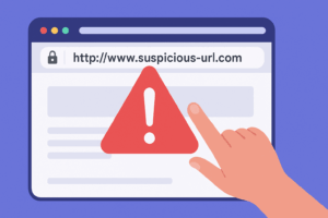 Illustration of a suspicious URL warning on a browser with a red alert triangle and a pointing hand.