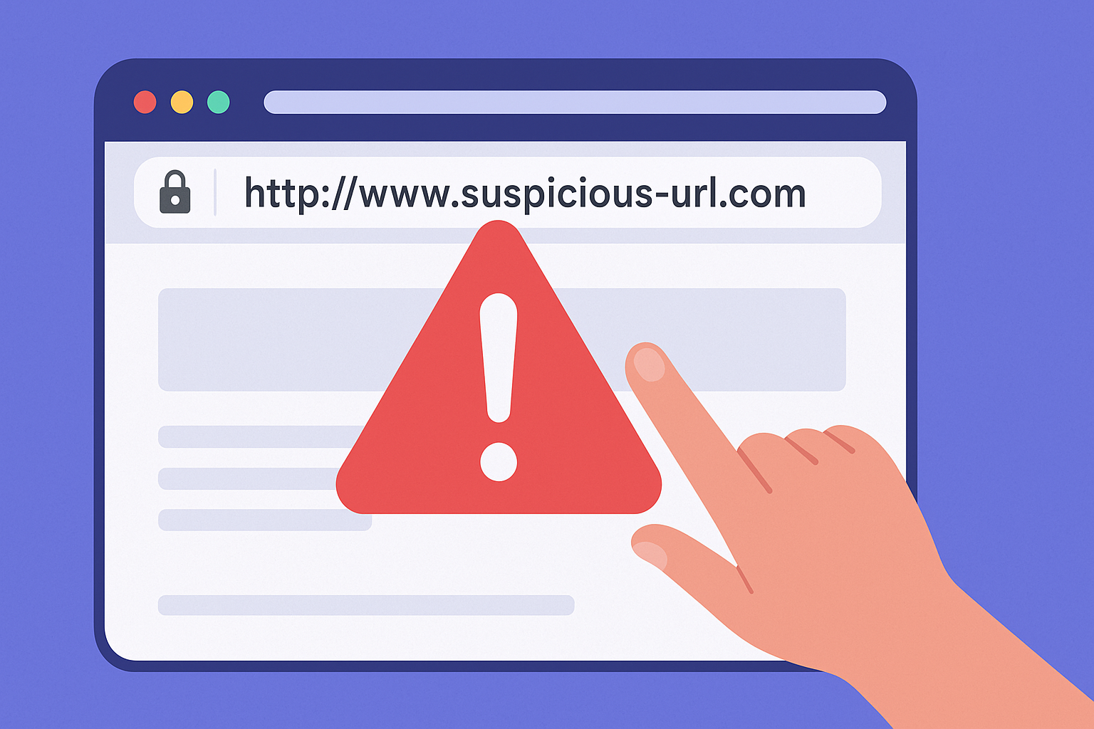Illustration of a suspicious URL warning on a browser with a red alert triangle and a pointing hand.