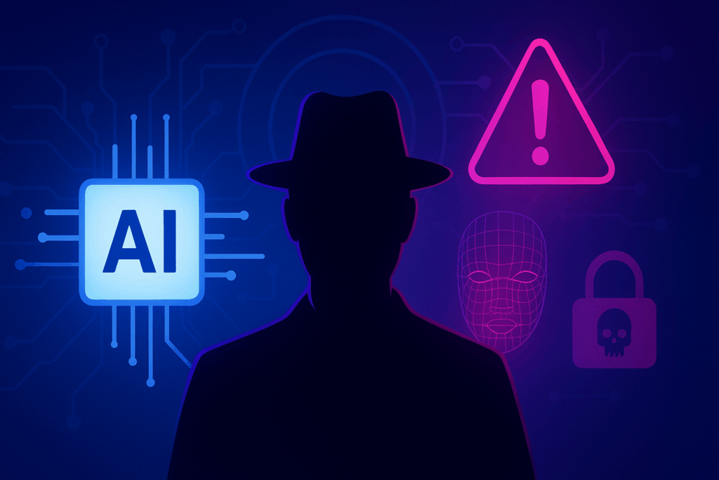 Silhouette of a hacker surrounded by AI, deepfake, and cybersecurity symbols representing AI-powered cyber threats in 2025.