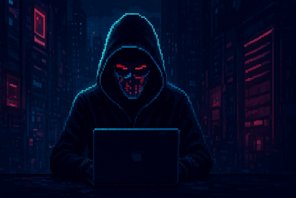 Cloaked hacker in a dark cyberpunk city typing on a laptop, face hidden by a red-glowing digital mask, in pixel art style.