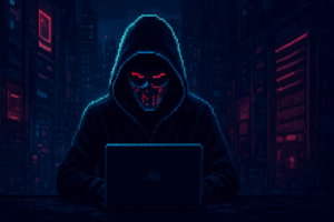 Cloaked hacker in a dark cyberpunk city typing on a laptop, face hidden by a red-glowing digital mask, in pixel art style.