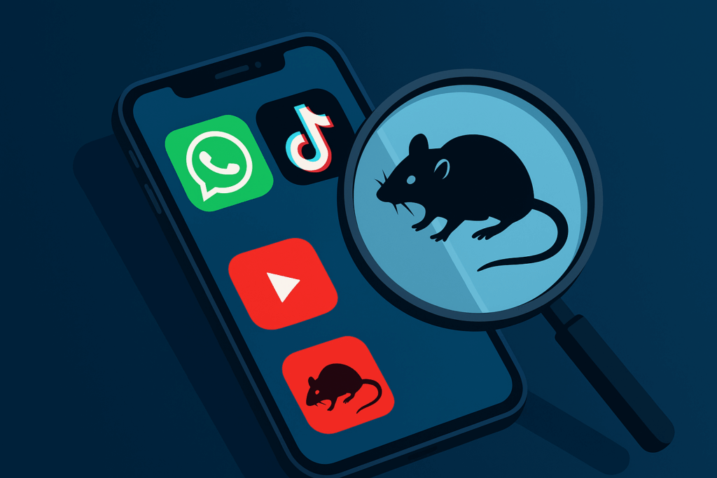 Smartphone screen showing fake WhatsApp, TikTok and YouTube icons under a magnifying glass symbolizing Android spyware detection.