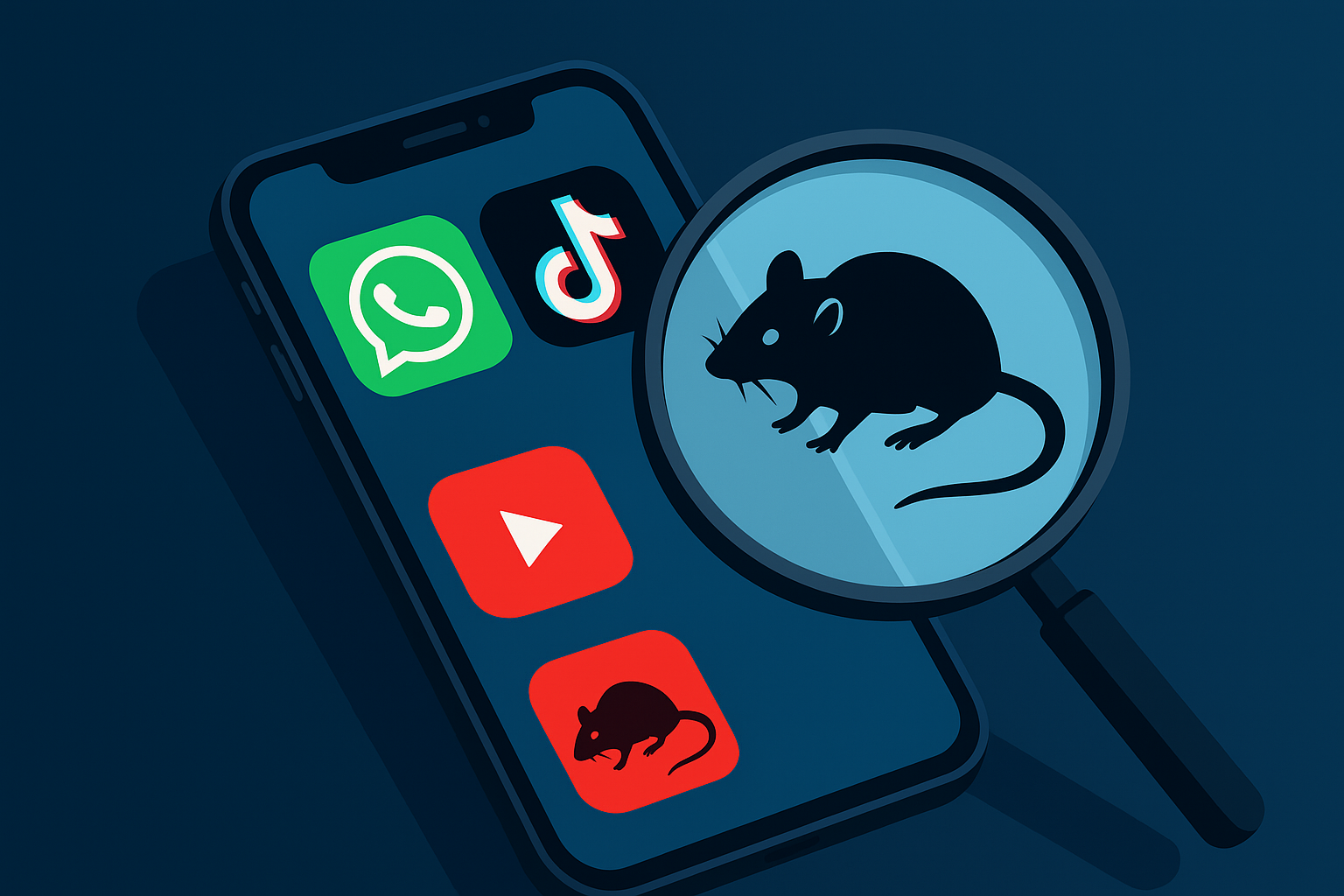Smartphone screen showing fake WhatsApp, TikTok and YouTube icons under a magnifying glass symbolizing Android spyware detection.