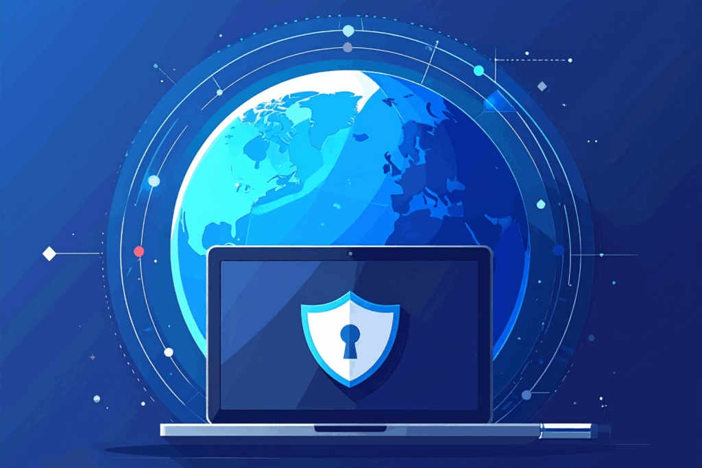 Laptop with a shield icon connected by cable to a digital globe, symbolizing secure access to the global internet network.