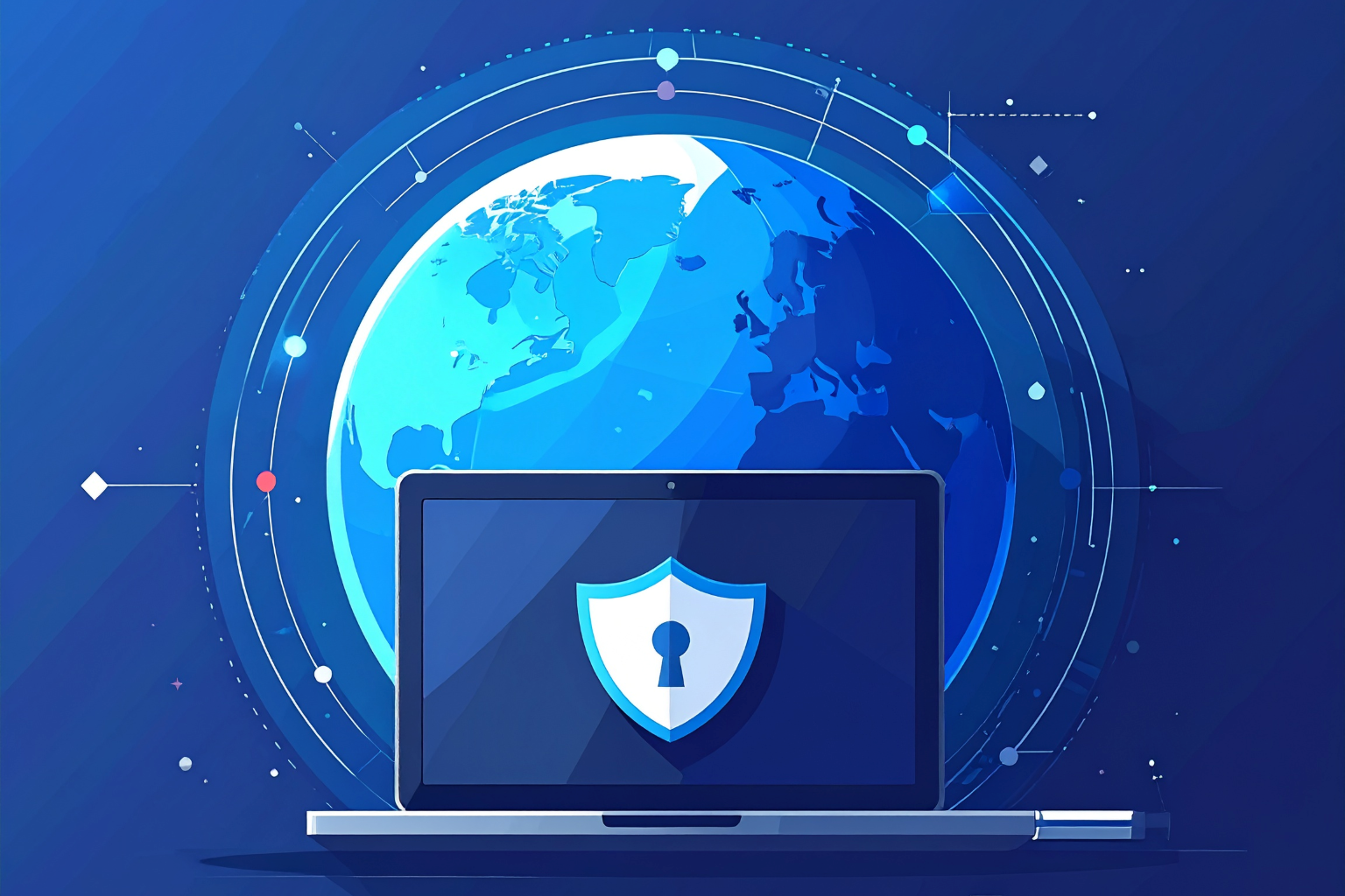 Laptop with a shield icon connected by cable to a digital globe, symbolizing secure access to the global internet network.