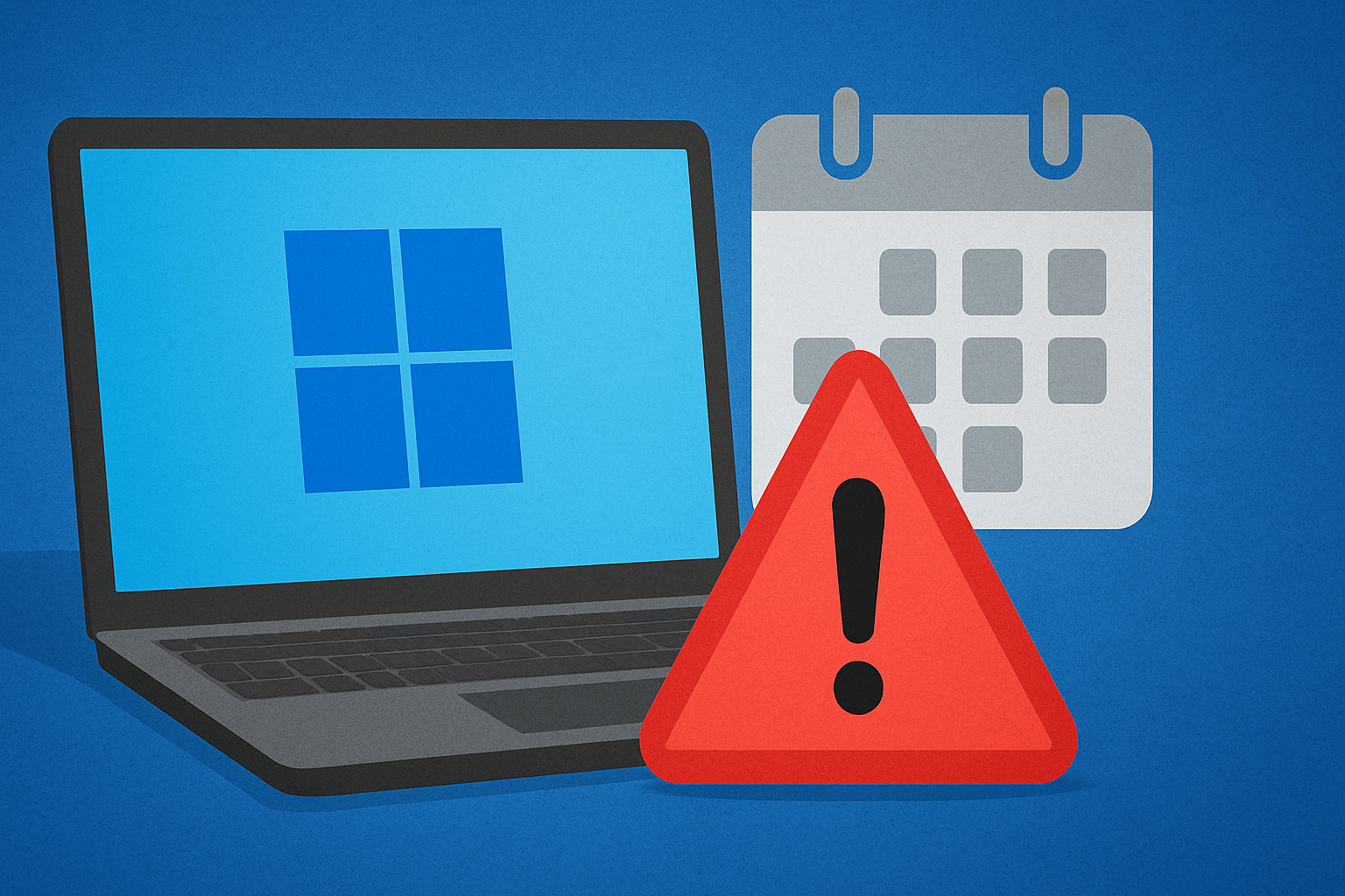 Laptop with Windows 11 logo and red warning icon indicating end of support approaching.