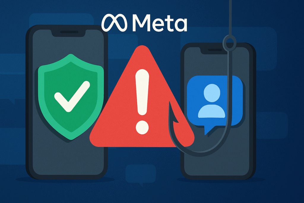 Meta’s new anti-scam tools for WhatsApp and Messenger visualized with smartphones, shield icons, and security symbols.
