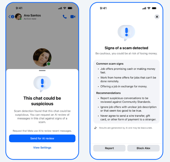 Messenger scam detection alert showing AI warning users about a suspicious message from an unknown contact.