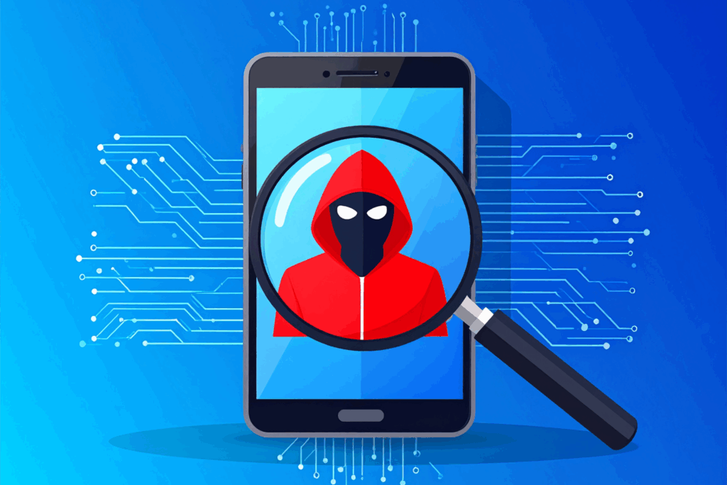 Smartphone being scanned for spyware with a magnifying glass, showing a red spy icon on the screen against a blue tech background.