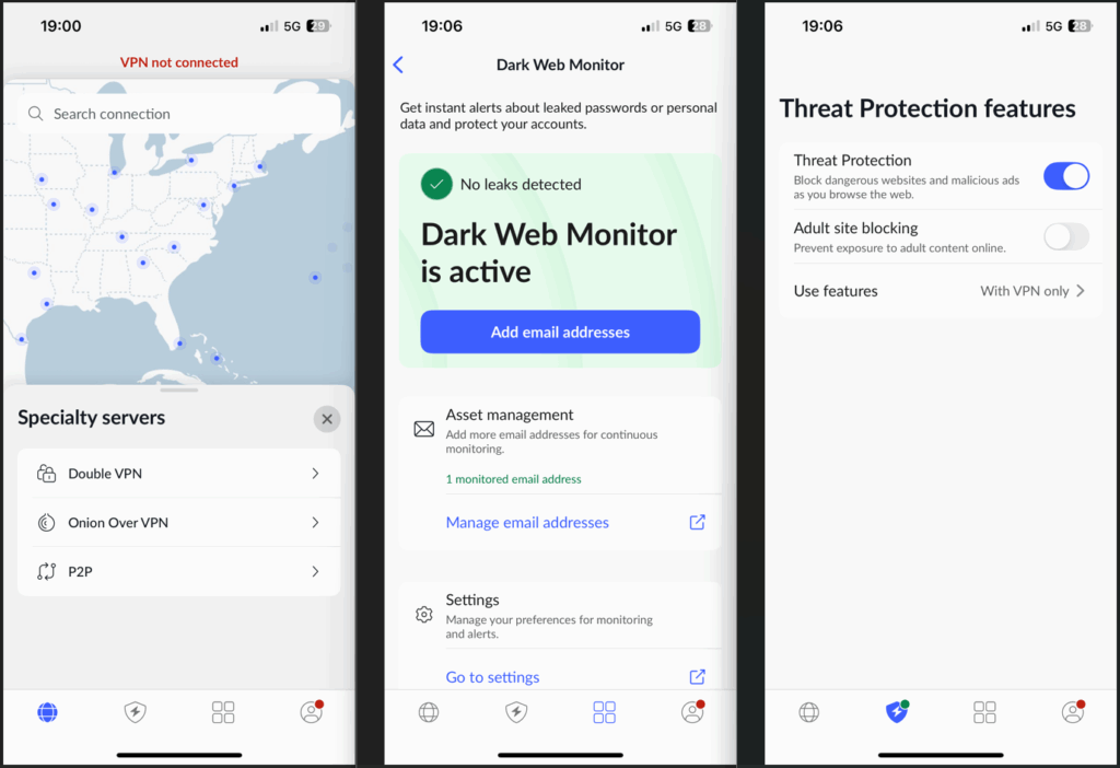 Screenshot of the NordVPN iPhone app showing Specialty Servers, Dark Web Monitor, and Threat Protection features, highlighting advanced privacy and cybersecurity tools.