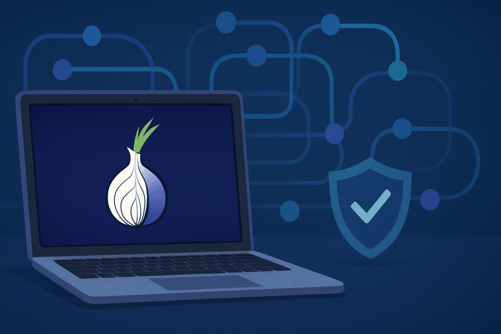 Laptop displaying the Tor Browser onion logo with a digital network and shield icon in the background.